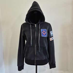 Black Zip-Up Hoodie with Racing Patches